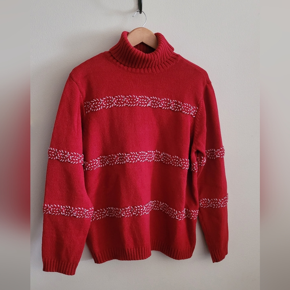 Vtg Liz Claiborne Candy Cane Chunky Turtleneck Sweater, Women's XL, Red & White